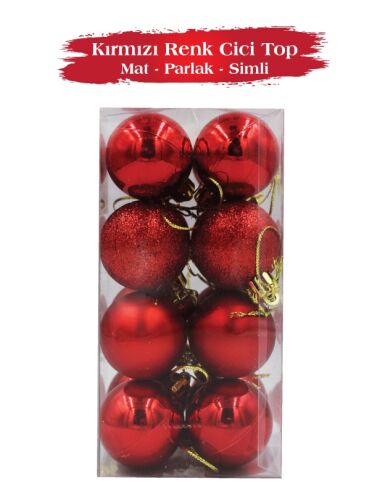 Yılbaşı Top Süs 3 Cm Mat Simli Parlak Kırmızı 16lı - 