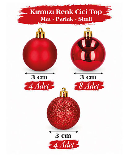 Yılbaşı Top Süs 3 Cm Mat Simli Parlak Kırmızı 16lı - 