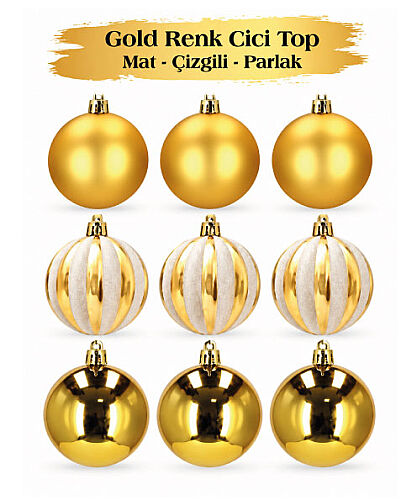 Yılbaşı Top Süs 6 Cm Çizgili Mat Parlak Altın 9lu - 