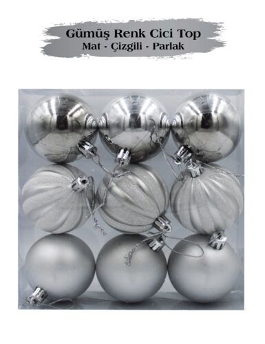 Yılbaşı Top Süs 6 Cm Çizgili Mat Parlak Gümüş 9lu - 2
