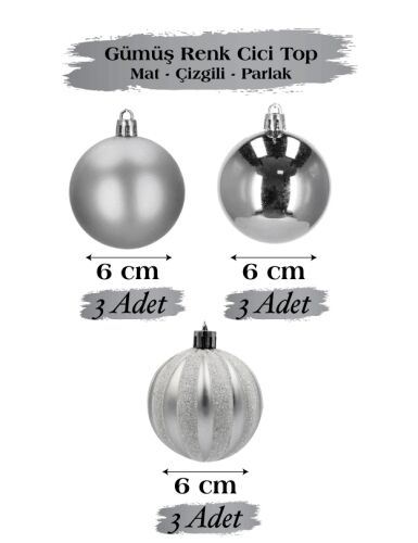 Yılbaşı Top Süs 6 Cm Çizgili Mat Parlak Gümüş 9lu - 3