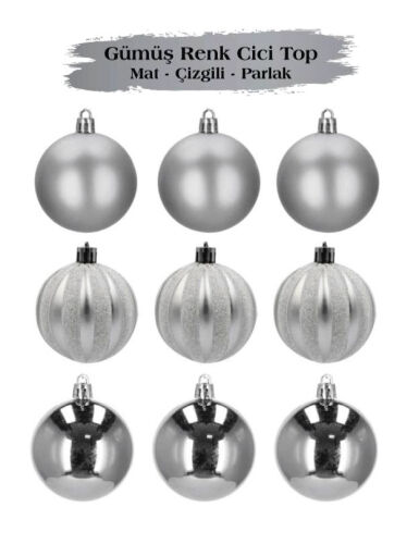 Yılbaşı Top Süs 6 Cm Çizgili Mat Parlak Gümüş 9lu - 