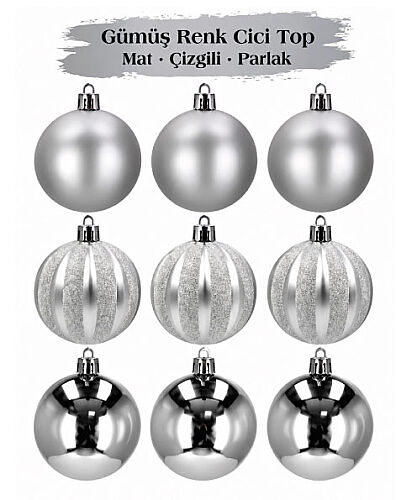 Yılbaşı Top Süs 6 Cm Çizgili Mat Parlak Gümüş 9lu - 