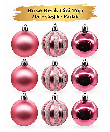 Yılbaşı Top Süs 6 Cm Çizgili Mat Parlak Rose Gold 9lu - 