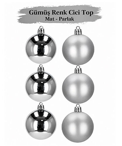 Yılbaşı Top Süs 8 Cm Mat Parlak Gümüş 6 lı - 
