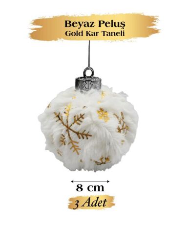 Yılbaşı Top Süs 8 Cm Beyaz Peluş Gold Kar Tanesi 3 lü - 