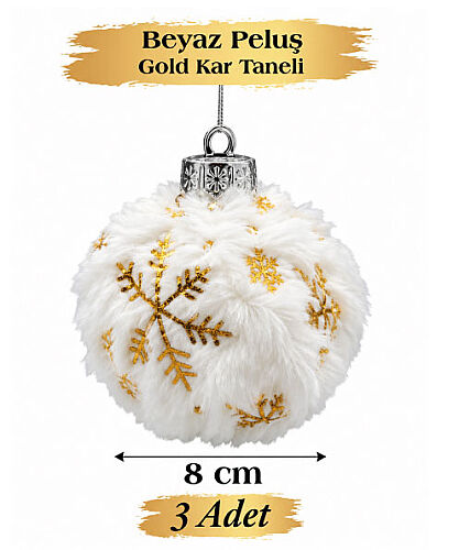Yılbaşı Top Süs 8 Cm Beyaz Peluş Gold Kar Tanesi 3 lü - 
