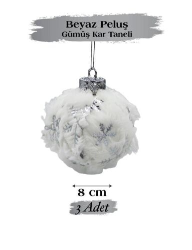 Yılbaşı Top Süs 8 Cm Beyaz Peluş Gümüş Kar Tanesi 3lü - 