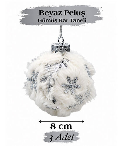 Yılbaşı Top Süs 8 Cm Beyaz Peluş Gümüş Kar Tanesi 3lü - 