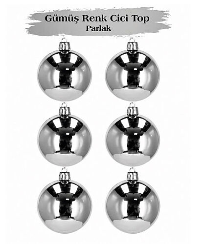 Yılbaşı Top Süs 6 Cm Parlak Gümüş 6 lı - 