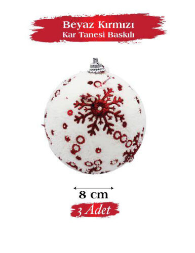 Yılbaşı Top Süs 8 Cm Beyaz Kırmızı Kar Tanesi 3lü - 