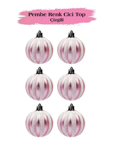 Yılbaşı Top Süs 6 Cm Çizgili Simli Pembe 6lı - 