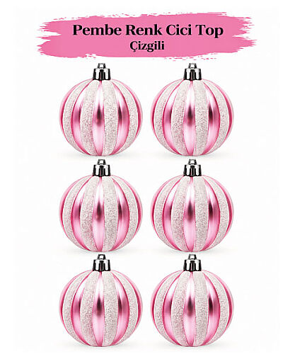 Yılbaşı Top Süs 6 Cm Çizgili Simli Pembe 6lı - 