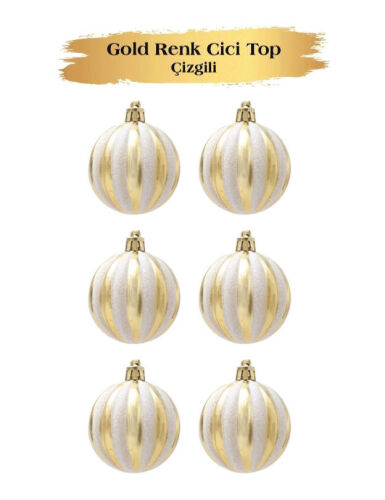 Yılbaşı Top Süs 6 Cm Çizgili Simli Altın 6lı - 