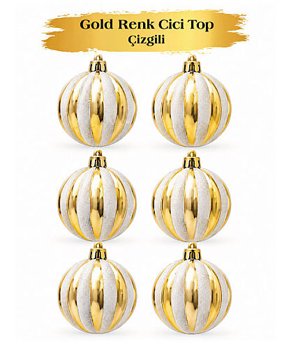 Yılbaşı Top Süs 6 Cm Çizgili Simli Altın 6lı - 