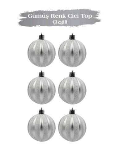 Yılbaşı Top Süs 6 Cm Çizgili Simli Gümüş 6lı - 