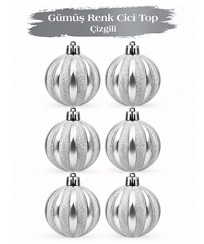 Yılbaşı Top Süs 6 Cm Çizgili Simli Gümüş 6lı - 