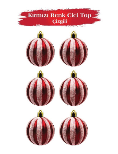 Yılbaşı Top Süs 6 Cm Çizgili Simli Kırmızı 6lı - 