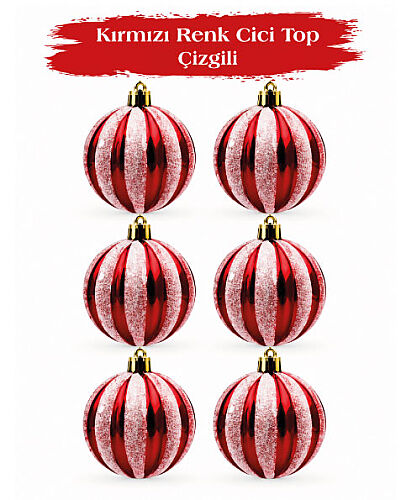 Yılbaşı Top Süs 6 Cm Çizgili Simli Kırmızı 6lı - 