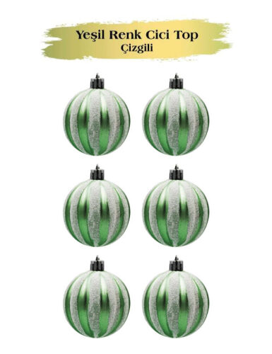 Yılbaşı Top Süs 6 Cm Çizgili Simli Yeşil 6lı - 