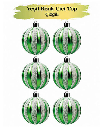Yılbaşı Top Süs 6 Cm Çizgili Simli Yeşil 6lı - 