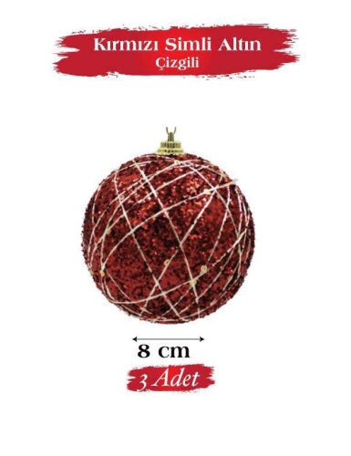 Yılbaşı Top Süs 8 Cm Kırmızı Altın Random İpli 3lü - 