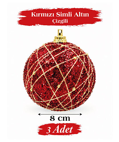 Yılbaşı Top Süs 8 Cm Kırmızı Altın Random İpli 3lü - 