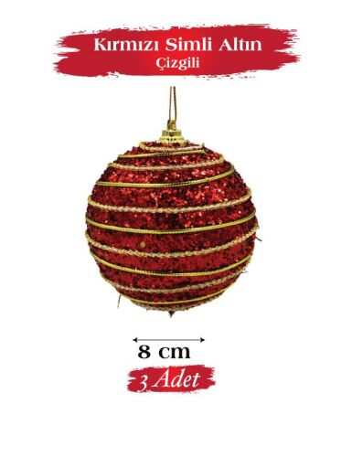 Yılbaşı Top Süs 8 Cm Kırmızı Altın İpli 3lü - 