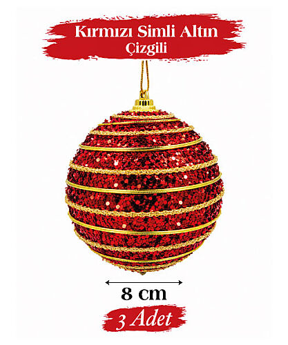 Yılbaşı Top Süs 8 Cm Kırmızı Altın İpli 3lü - 