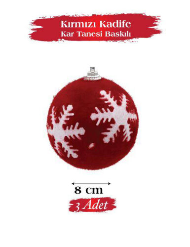 Yılbaşı Top Süs 8 Cm Kırmızı Kadife Beyaz Kar Tanesi 3 lü - 