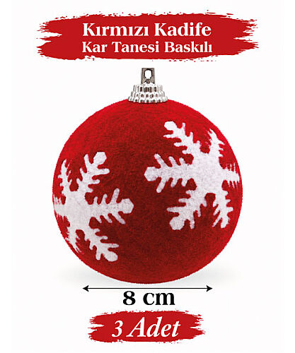 Yılbaşı Top Süs 8 Cm Kırmızı Kadife Beyaz Kar Tanesi 3 lü - 
