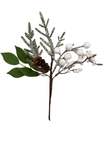 Yılbaşı Çam Dalı Beyaz Berry Çiçekli Kozalaklı 28 Cm - 
