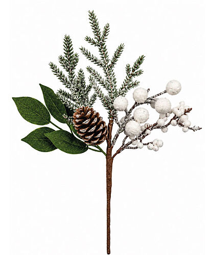 Yılbaşı Çam Dalı Beyaz Berry Çiçekli Kozalaklı 28 Cm - 