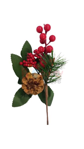 Yılbaşı Çam Dalı Orta Mini Berry Demeti Kozalaklı 22 Cm - 