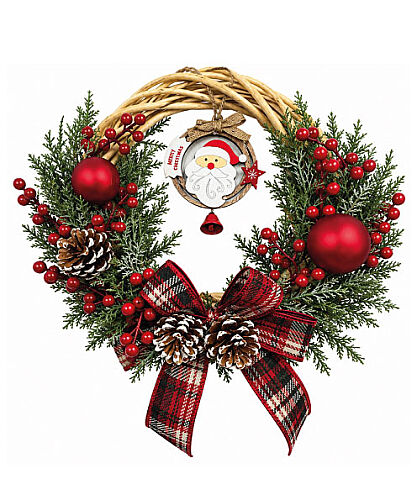 Yılbaşı Kapı Süsü Bambu Çelenk Süslü Fiyonklu Noel Baba Figürlü Lüks 30 cm - 