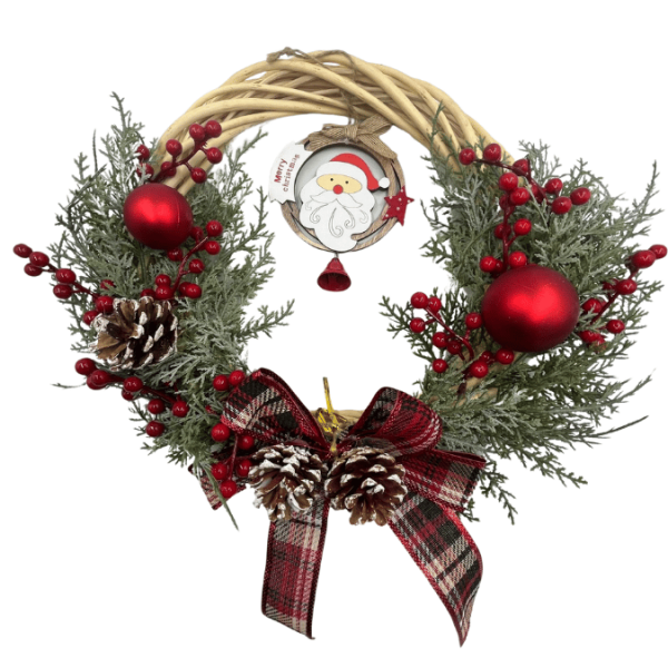 Yılbaşı Kapı Süsü Bambu Çelenk Süslü Fiyonklu Noel Baba Figürlü Lüks 30 cm - 