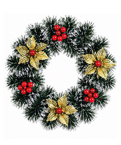 Yılbaşı Kapı Süsü Çelenk Yeşil Beyaz Varaklı Yapraklı Süslü 25 Cm - 