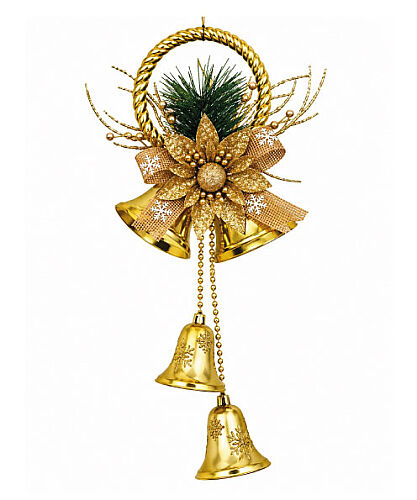 Yılbaşı Kapı Süsü Halkalı Çanlı Çiçekli 30 cm Gold - 