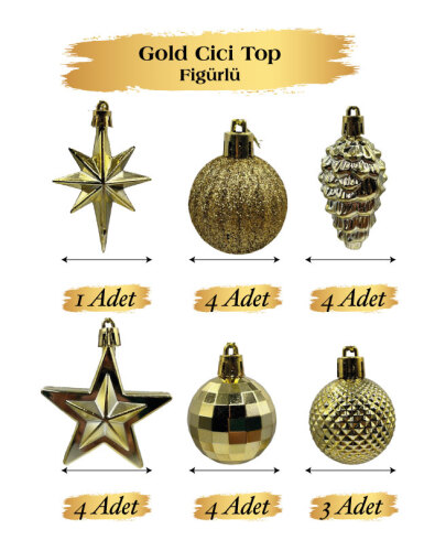 Yılbaşı Karma Süs Asetatlı 4 Cm Top + Figürler 20 Parça Altın - 
