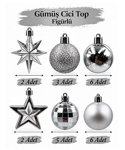 Yılbaşı Karma Süs Asetatlı 4 Cm Top + Figürler 20 Parça Gümüş - 