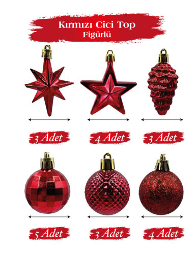 Yılbaşı Karma Süs Asetatlı 4 Cm Top + Figürler 20 Parça Kırmızı - 