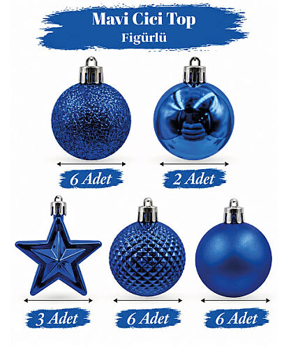 Yılbaşı Karma Süs Asetatlı 4 Cm Top + Figürler 20 Parça Lacivert - 