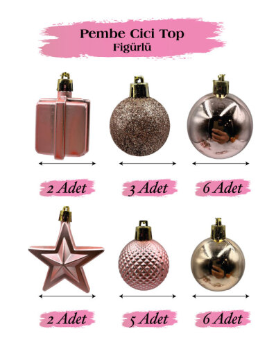 Yılbaşı Karma Süs Asetatlı 4 Cm Top + Figürler 20 Parça Rose Gold - 