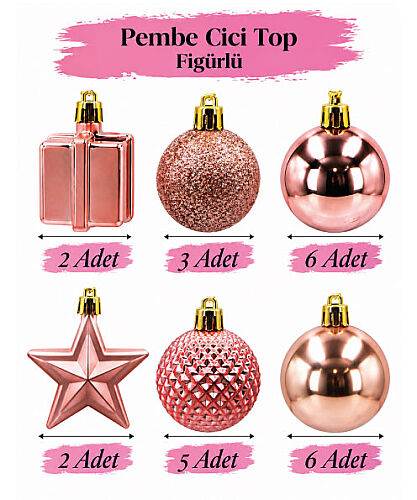 Yılbaşı Karma Süs Asetatlı 4 Cm Top + Figürler 20 Parça Rose Gold - 