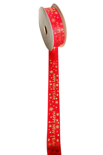 Yılbaşı Kurdele Saten Happy New Year Kırmızı Model Baskılı 2.5 Cm 20 Metre - 