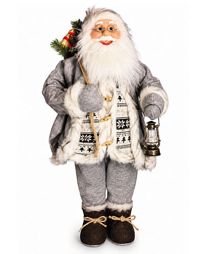 Yılbaşı Noel Baba Beyaz Gri Kostümlü Lambalı Model 100 Cm - 