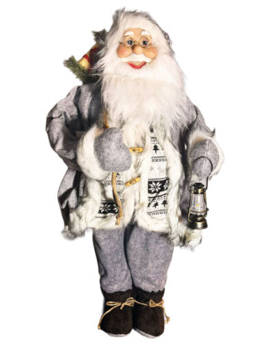 Yılbaşı Noel Baba Beyaz Gri Kostümlü Lambalı Model 100 Cm - 
