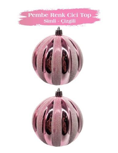 Yılbaşı Top Süs 10 Cm Beyaz Çizgili Simli 2 Parça Rose Gold - 