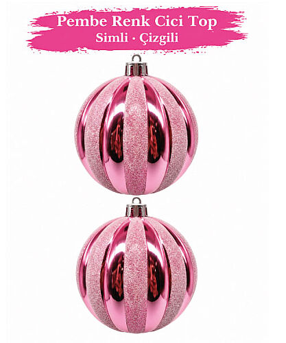 Yılbaşı Top Süs 10 Cm Beyaz Çizgili Simli 2 Parça Rose Gold - 
