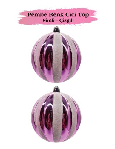 Yılbaşı Top Süs 10 Cm Beyaz Çizgili Simli 2 Parça Pembe - 